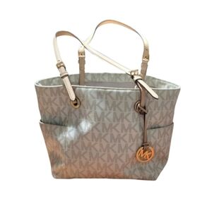 Michael Kors Jet Set Cream Tan Logo Tote With Gold Hardware